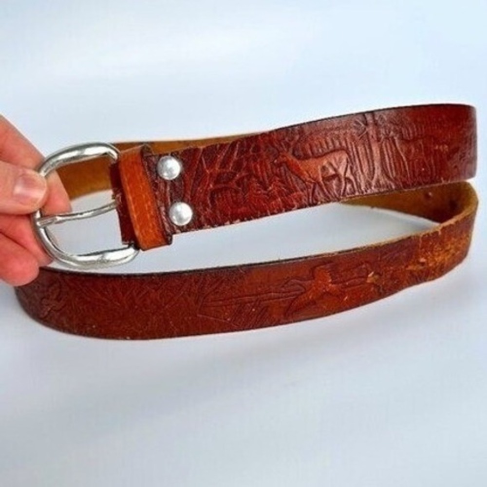 Handcrafted Brown Leather Belt Deer Hunting Mountains Fishing Western Boho Ranch